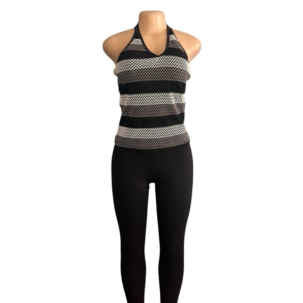 Wild Cat USA Y2K Black and White Striped Halter Neck Mesh Top - Picture 2 of 8